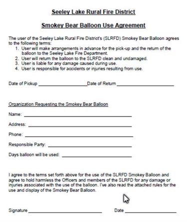 Smokey Bear Baloon Rental Use Agreement - Seeley Lake Rural Fire