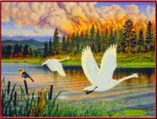 Birds in flight with wildfire on the land in a Monte Dolack painting